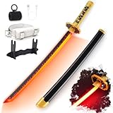 RENGENG Light Up Yoriichi Schwert, 30 Zoll, wiederaufladbar, vormontierte Kunststoff-Nachbildung mit Gürtel & Ständer & Spinner, Original Texturschw