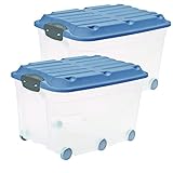 Rotho 6 2er-Set Aufbewahrungsbox Deckel und Rollen, Kunststoff (PP) BPA-frei, transparent/blau, 2 x 57l, (60 x 40 x 37 cm), 2