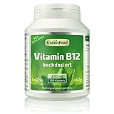 Greenfood Vitamin B12 (Methylcobalamin), 250 µg, extra hochdosiert, 150 Vegi-Kapseln, vegan – für gute Laune und einen extra Schub frische Energie. Wichtig für das Nervensystem und die Blutbildung. OH