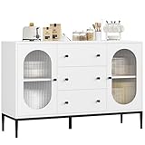 FirFurd Sideboard 120cm Breit Küchenschrank mit Arbeitsplatte Buffetschrank mit 2 Glastüren 3 Schubladen Küchenbuffet mit Verstellbarer Ablage für Küche Esszimmer Wohnzimmer 120x38x80 cm Weiß