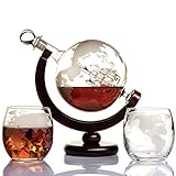Whisky Karaffe Globus für Alkohol - Whiskey Decanter Bar Set mit Gläser Holzständer und Weltkarte - Geschenke für Männer und Frauen - Glas Flasche Zubehör für Gin, Rum, Scotch, Likör, Bourbon, Wodka
