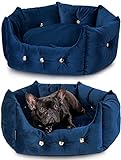 Nelke Europe Luxus Hundebett im Glamour Stil Navy-Blau Hundesofa für kleine und mittelgroße Hunde Kuscheliges Velour Haustierbett in handgemachter Premium-Qualität, HB1GM1121, M