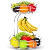 Fuleadture 2-stöckiger Obstkorb mit Bananenhalter, stehende tägliche Küche, moderne Obstschale, praktische Obstschale, Gemüsekorb aus Metall, Silber