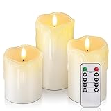 Homemory Tropfende Wachskerzen ohne Flamme, Batteriebetriebene Kerzen mit Fernbedienung und Timer, LED Stumpenkerzen, Elektrische Fake Kerzen, Elfenbeinfarben, 3er-S