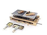 Bestron XL Raclette Grill, elektrisches Party-Raclette-Grill für bis zu 8 Personen, mit Naturgrillstein- & antihaftbeschichtete Grillplatte, inkl. großes Pfännchen-Set, 1.500 Watt, Holzdesign