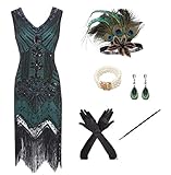 shoperama 20er Jahre Charleston Flapper Damen-Kostüm Grün/Schwarz Pailletten-Kleid mit Fransen und 5-TLG. Pfau Zubehör-Set, Größe:L