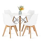 FURNITABLE Set aus Runder Esszimmertisch mit 4 Weißer Stühlen, Esszimmergruppe für Esszimmer Küche Wohnzimmer