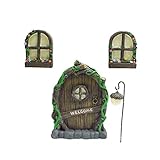 Guillala Miniatur Fee Haus Tür Fenster und Kronleuchter Feengarten-Dekoration, Mini leuchtenden Baum Garten Tür für Bäume, Garten-Skulptur, Hof, Puppenhaus, Heimdekoration