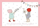 'Vielen Dank für die lieben Wünsche zur Geburt' Dankeskarte zur Geburt für Zwillinge Mädchen und Junge. Babykarte mit 2 Wichtelmännchen und Girlande in Rosa. (Mit Umschlag) (8)