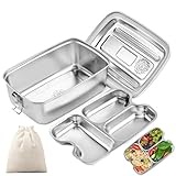WuGU Brotdose Edelstahl, 2000ML Lunchbox Auslaufsicher Brotzeitdose mit Fächer und Dichtring, BPA-frei Bento Box, Jausenbox, Brotdose Metall Umweltfreundlich für Erw