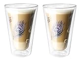 Montepreti Design Latte Macchiato Gläser Pfauenfeder, XXL 450ml, großes doppelwandiges Borosilikatglas Kaffeeglas, auch für Espresso Kaffee Tee (2)