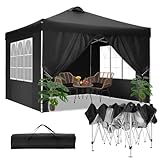 TOOLUCK Pavillon 3x3m Wasserdicht Stabil Winterfest Faltpavillon Partyzelt Gartenpavillon mit Entlüftung, 4 Seitenteilen, 4 Sandsack, Höhenverstellbar, Pop up Faltbar Gartenzelt, Schw