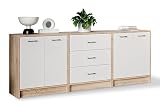 Meble Pitus Kommode Weiß 210 cm Sonoma-Eiche MP2 - Sideboard für Wohnzimmer, Schlafzimmer und Flur - 2 Kommoden mit Türen, Verbunden mit Einer Kommode mit 3 Schubladen - Komodenschrank, Möbelp