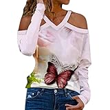 Langarmshirt Damen Blusen Sommer Elegant Top Bedruckte lässige Off-Sleeve-Bluse mit V-Ausschnitt Damen-Top mit Langen Schultern T-Shirt Damenbluse T Shirt Halloween