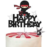 G-LOVELY'S Ninja CakeTopper, Ninja Tortendeko Geburtstag, Ninja Superhero Thema Geburtstagstorte Dekoration, Glitter Happy Birthday Kuchen Topper für Kinder Geburtstags Party Kuchen Deko