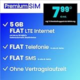 Handyvertrag PremiumSIM LTE All 5 GB - ohne Vertragslaufzeit (FLAT Internet 5 GB LTE mit max. 50 MBit/s mit deaktivierbarer Datenautomatik, FLAT Telefonie, FLAT SMS und EU-Ausland, 7,99 Euro/Monat)