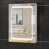 EUGAD Spiegelschrank Bad mit Beleuchtung, mit Steckdose Glasablagen, Badezimmerschrank mit Spiegel, verstellbare Helligkeit Lichtfarbe, beschlagfrei, aus Edelstahl Glas, 50x70x15 cm, silbern
