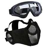 Aoutacc Airsoft Schutzausrüstung, Set mit Halbgesichtsmasken mit Ohrenschutz und Brille für CS/Jagd/Paintball/Shooting, Schwarz