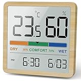 NOKLEAD Hygrometer Innenthermometer - Digitalanzeige mit Temperaturüberwachungssensor, kleines genaues Feuchtigkeitsmesser mit Uhr für Babyzimmer Küche Gewächshaus (Wood Grain)