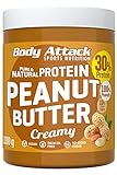 Body Attack Protein Peanut Butter, 1kg, Creamy, Vegan, Natürliche Erdnussbutter ohne Salz & Palmfett - Low Sugar Erdnussmus mit 30% Protein