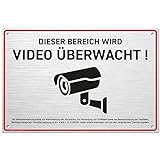 Schild Videoüberwachung (30x20 cm - groß) mit DSGVO Hinweis, inkl. 4 Bohrlöcher, Kamera Warnhinweis für Überwachungskamera oder Kamera Attrappe (Aluminium gebürstet 30x20 cm)