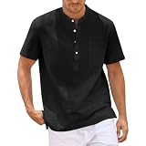 SOOUICKER Freizeithemden für Herren Sommer Ohne Kragen Kurzarmhemd Stehkragen Regular Fit Sommerhemd Leicht mit Brusttasche Hemd Kurzarm Casual S