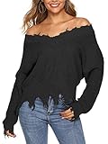 YOSICIL Damen Tiefer V-Ausschnitt Strickpullover Quaste Dicke Pullover Damen Lose Asymmetrisch Sweatshirt Schulterfrei Oberteile für Herbst Winter Langarmshirt Weiß Rot Grau Schw