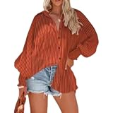 YLQQdMK hemdbluse Damen Langarm Modisches Und Elegantes Lose, Gestreiftes Übergroßes Hemd-Orange-1x