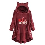 Damen-Fleece-Oberteil, langärmelig, mit -Aufdruck, Kapuze, lose Taschen Hoodie Zweifarbig (Red, M)