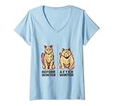 Damen Lustige Katze, Winterspeck, Abnehmen Wellness Humor T-Shirt mit V-Ausschnitt