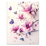 XENIOU Bilder Blumen, wandbild, Lila Blumen und Schmetterlinge auf einem Zweig Für Badezimmer Wohnzimmer Schlafzimmer Büro Küche - 20x30cm Ungerahmt(Lila)