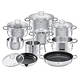 Silit Toskana Topfset Induktion, Kochtopf Set mit Glasdeckel, Milchtopf, Dämpfer, Pfanne, Edelstahl teilmattiert, Töpfe Set unbeschichtet, Silber, 10-teilig (mit Pfannen & Glasdeckel)