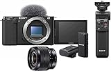 Sony Alpha ZV-E10 | APS-C spiegellose Wechselobjektiv-Vlog-Kamera + GP-VPT2BT Bluetooth Handgrip for Selfies and Vlogging + Wireless Microphone + Zoom Lens