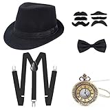 Wagoog 1920s Jahre Herren Accessoires, 20er Mafia Gatsby Kostüm set Inklusive Panamahut Verstellbar Elastisch Hosenträger Herren Halsschleife Fliege und Vintage Taschenuhr