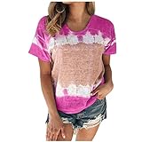 Damen T-Shirt Sommer Kurzarm Löwenzahn Drucken Rundhals Oberteile Casual Lose Bluse Shirt A78 - Hot Pink Small
