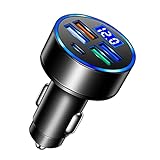 Momolaa Autoladegerät Adapter 4 Ports USB + 1 Ports PD Autoladegerät Schnelles Autotelefonladegerät mit LED-Lichtanzeige Aa Akku Ladegerät (Black, One Size)