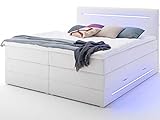 Wonello Boxspringbett 160x200 mit Bettkasten und LED Beleuchtung - gemütliches Bett mit led Beleuchtung - Stauraumbett 160 x 200 cm weiß mit Matratze und Topper