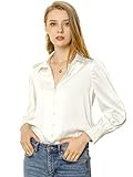 Allegra K Damen Satin Bluse Puffärmel Punkt Kragen Vintage Button Up Shirt, Weiss/opulenter Garten, 3X-Groß