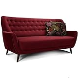 CAVADORE 3-Sitzer-Sofa Abby / Retro-Couch im Samt-Look mit Knopfheftung / 183 x 89 x 88 / Samtoptik, rot