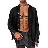 Generico Renaissance-Hemd für Herren mit Rüschenkragen, Puffärmel, Gothic, Plissee, Bluse, Steampunk, Cosplay, Mittelalter, Retro, Halloween, Leinen, leicht, Sommer, Strand, Schw