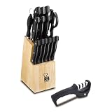 RENBERG TENESSY - Set 15-teilig Messer und Messerschärfer mit Holzmesserblock - Edelstahl - Schwarzer Griff - Langlebig und prak