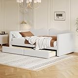Merax Sofa Bett 90x200cm mit 2 Schubladen, Tagesbett mit Rückenlehne und Armlehnen, Multifunktionales Bettrahmen für Kinder, Teddybärstoff, Weiß (Ohne Matratze)