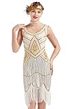 BABEYOND Damen Pailletten 1920s Kleid Flapper Charleston Kleid V Ausschnitt Great Gatsby Motto Party Damen Fasching Kostüm Kleid (WeißGold L)