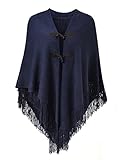 Ferand Poncho-Schal in lässiger Passform mit stylischen Hornknöpfen, V-Ausschnitt und V-Saum für Frauen, Navyblau