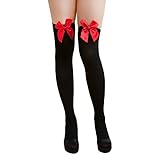 Oblique-Unique® Sexy Strumpfhose -halterlos- Overknee Strümpfe - Party Kostüm Fasching Karneval (Overknee Schleife schwarz/rot)
