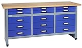 Küpper Werkbank Modell 12977, 170x84x60 cm, 15 Schubladen, 30 mm Massive Buchenarbeitsplatte, 300 kg Tragkraft, Farbe ultramarinb
