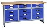 Küpper Werkbank Modell 12977, 170x84x60 cm, 15 Schubladen, 30 mm massive Buchenarbeitsplatte, 300 kg Tragkraft, Farbe ultramarinblau