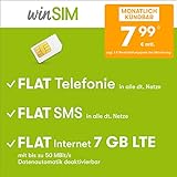Handyvertrag winSIM LTE All 7 GB - monatlich kündbar (FLAT Internet 7 GB LTE mit max. 50 MBit/s mit deaktivierbarer Datenautomatik, FLAT Telefonie, FLAT SMS und EU-Ausland 7,99 Euro/Monat)