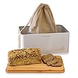 beaulife® 👌 Frischhaltewunder 👍 Brotkasten Brotdose Brotbox mit Leinen-Brotsack Bambusdeckel, Schneidebrett, 33 x 21 x 16 cm Metall mattweiß