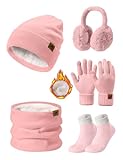 PASUDA Mützen Schal Handschuhe Damen Winter 5 Stücke Set Warme Fleece Gefütterte Beanie Wintermütze Halswärmer Touchscreen Handschuhe Plüsch Ohrenschützer Verdickte Socken Winterset (Rosa, One Size)